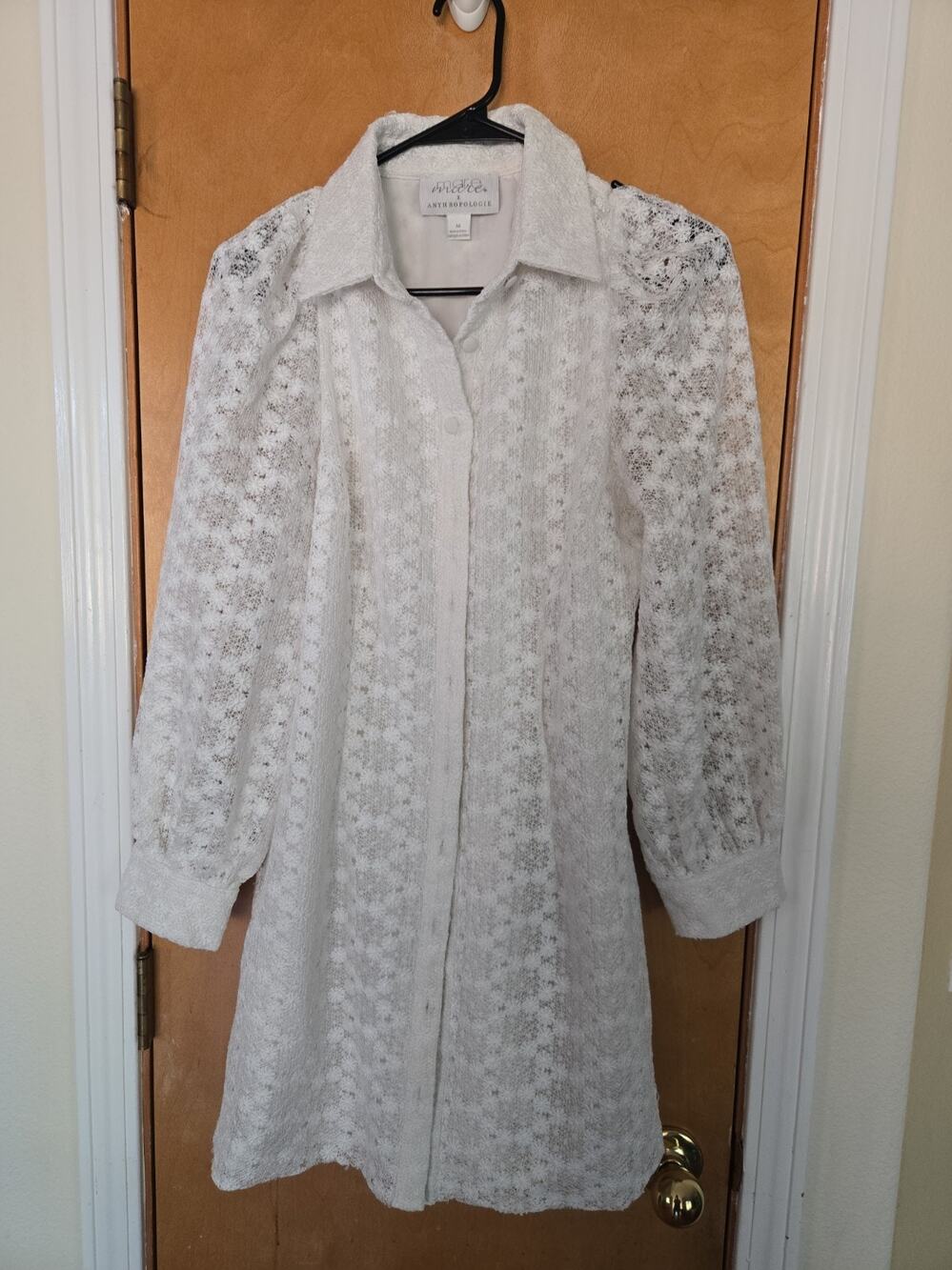 Mare Mare x Anthropologie White Lace Sheer Sleeve Button-Up Shirt-Dress M